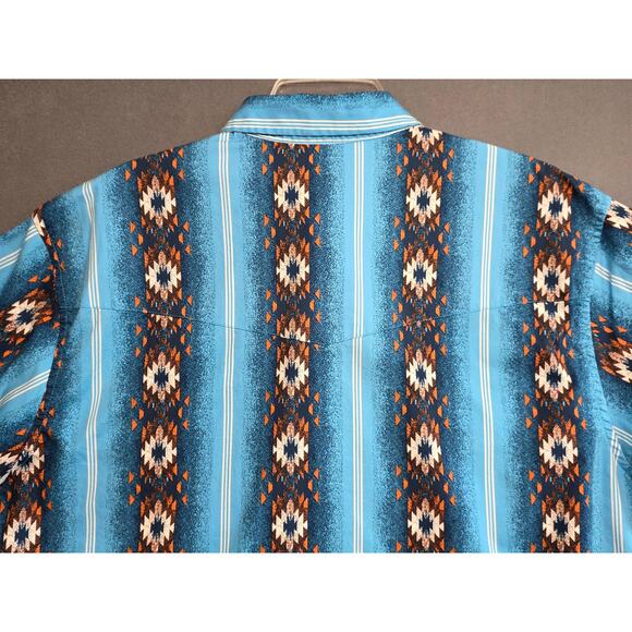 Wrangler Pearl Snap Shirt XL Southwestern Aztec‎ Mens Long Sleeve Blue - Picture 8 of 8